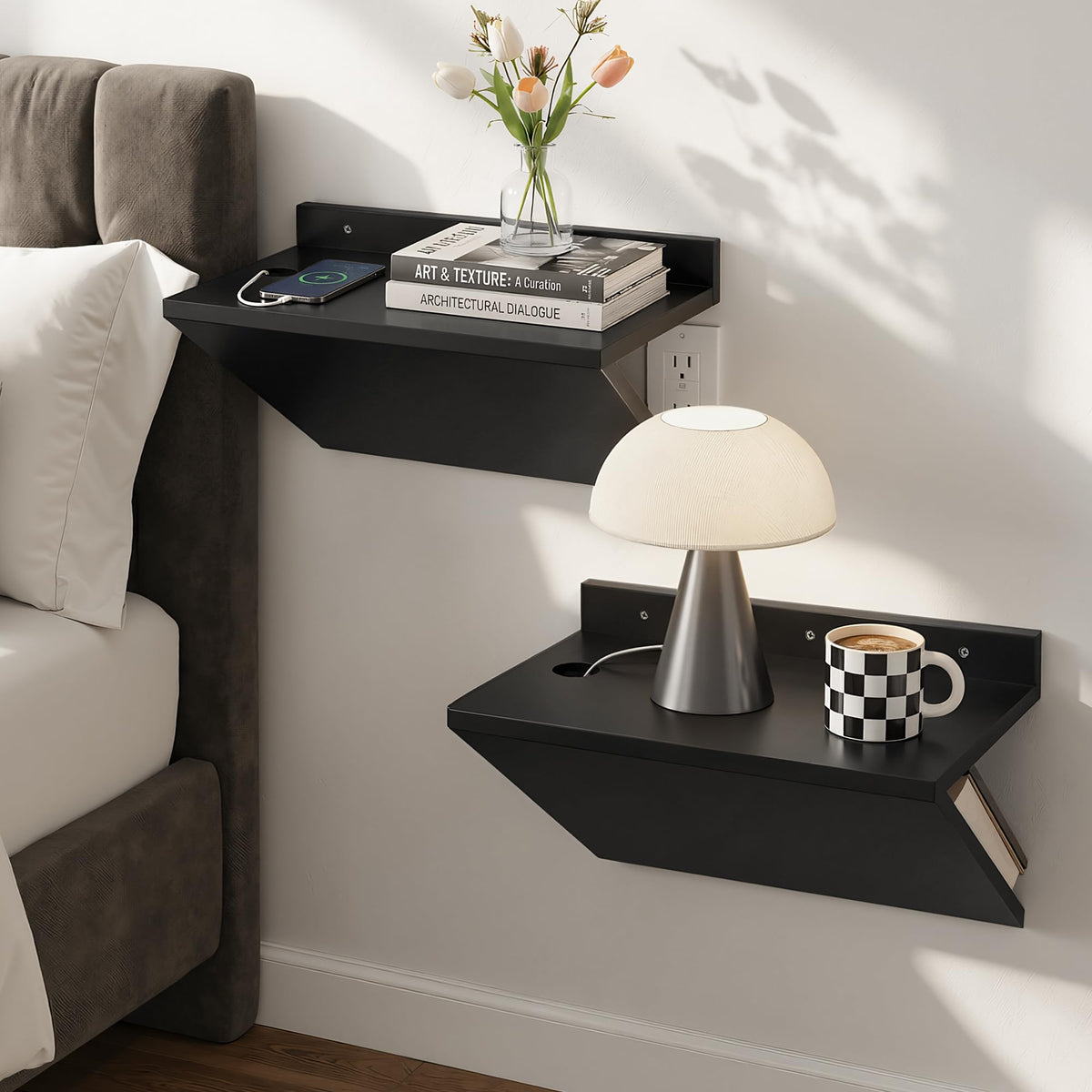 Floating Nightstand Set of 2 Walnut Bedside Table Wall Mounted Wood
