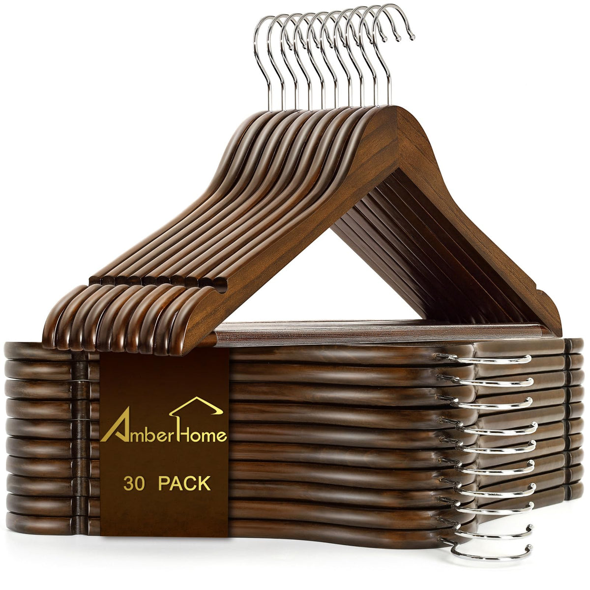 Amber Home 30 Pack Natural Wooden Coat Hangers, Wood Suit Hangers