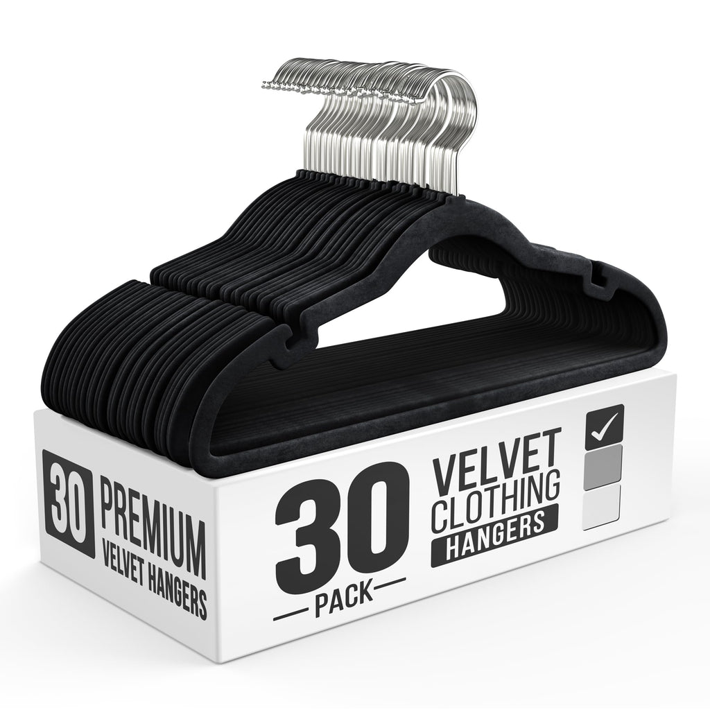 Our Modern Space 100 Pack Velvet Hanger for Shirt Pants Dresses Skirts Suits Jackets - Slim Space Saving Design - Standard Coat Hanger - Sturdy & Durable Design with Shoulder Grooves Hook