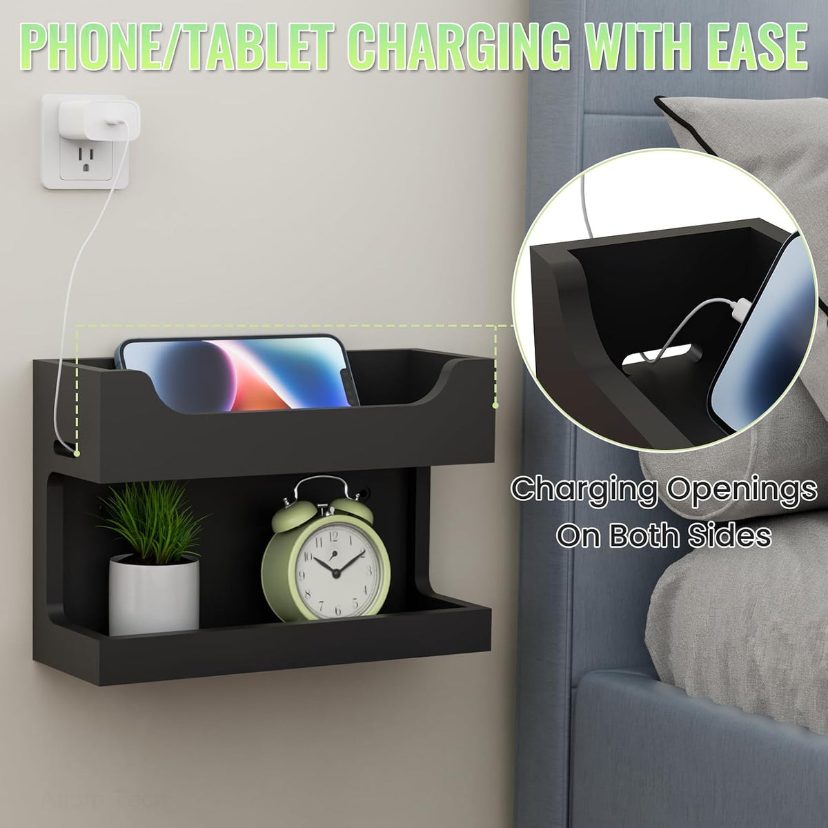 NiHome Bedside Wall Shelf Organizer, Wood 2-Tier Floating Nightstand, Black