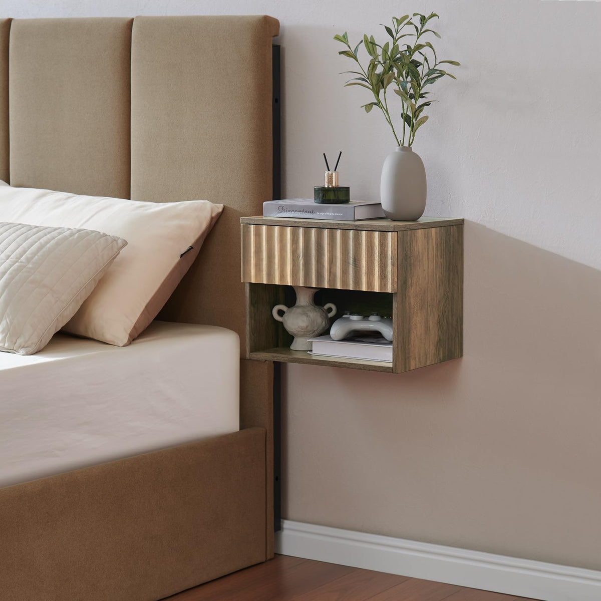 BuildHom Floating Nightstand Set of 2 with Fluted Drawer, Bedside Table