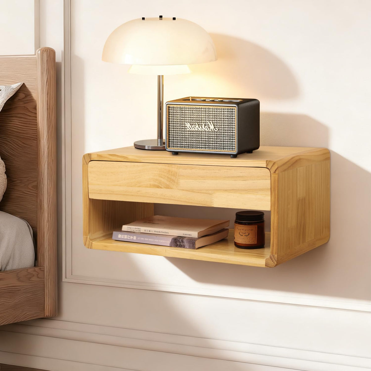 Floating Nightstand Wall Mounted Bedside Shelf Handmade Bedroom Furniture,Pine Wood Floating Bedside Table, Minimalist and Unique Style 17.5”x 9.5”x 8” Brown
