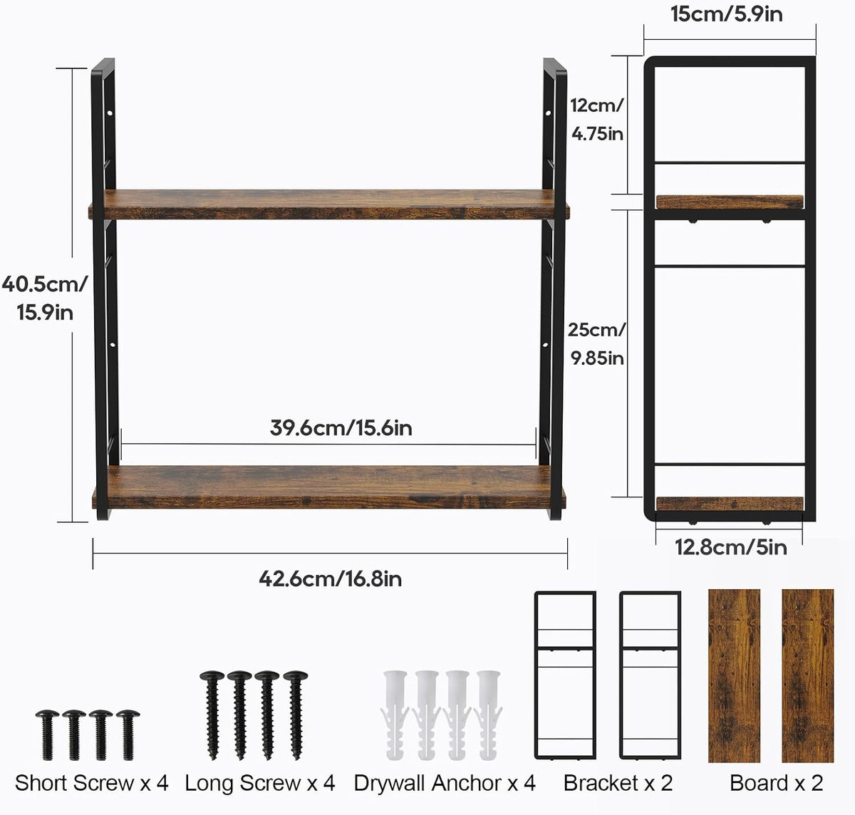 Floating Book Shelves for Wall, 2-Layer Wall Bookshelf for Book Storage, Space Saver, 16in Stud Hanging Shelf, Bedside Shelf for Living Room Bedroom Office, Dark Brown