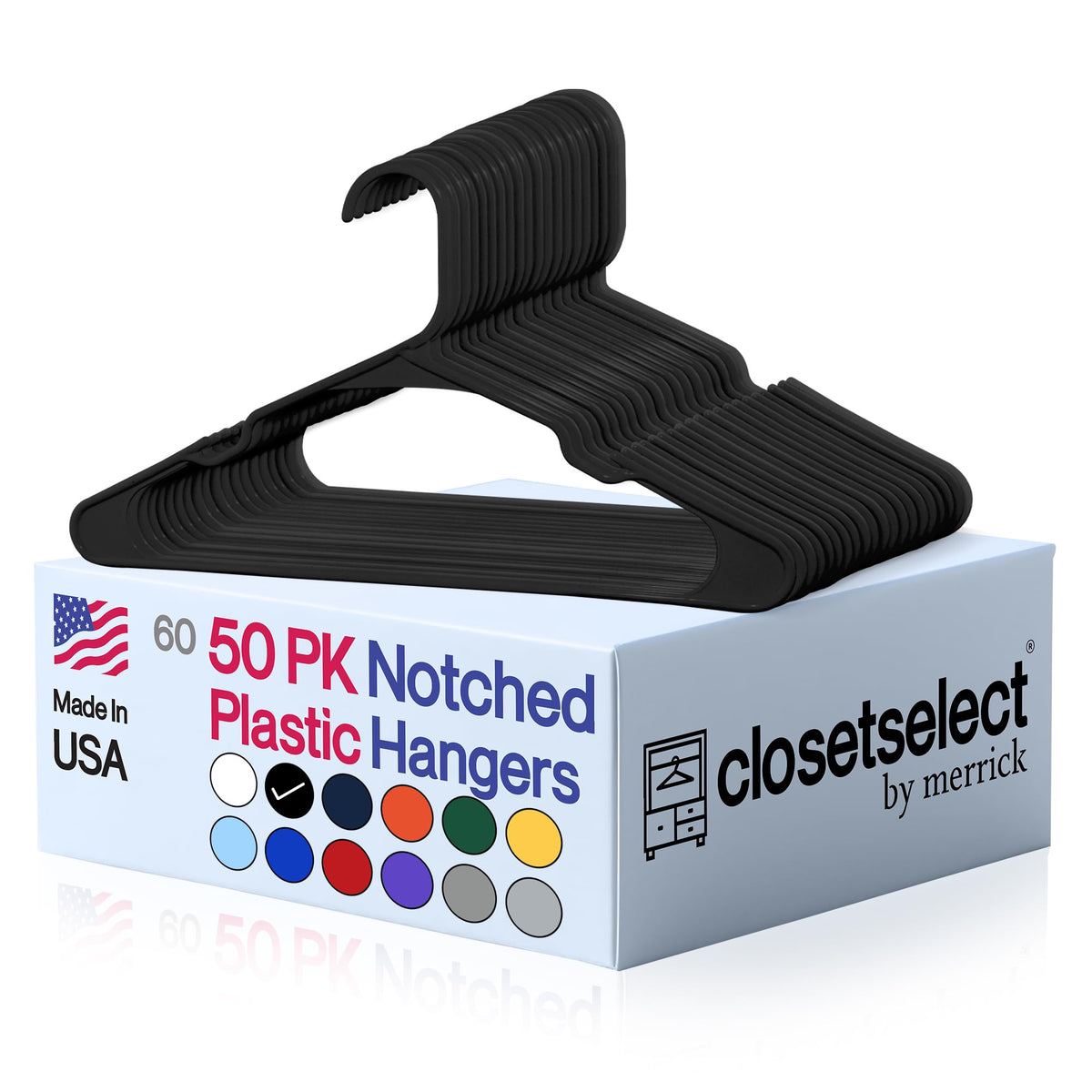 Closetselect Plastic Hangers 50 Pack, Strong Space Saving Notch Hanger, Made in USA, Perfect Shirt or Coat Plastic Hanger, with Shoulder Grooves, White, Notched