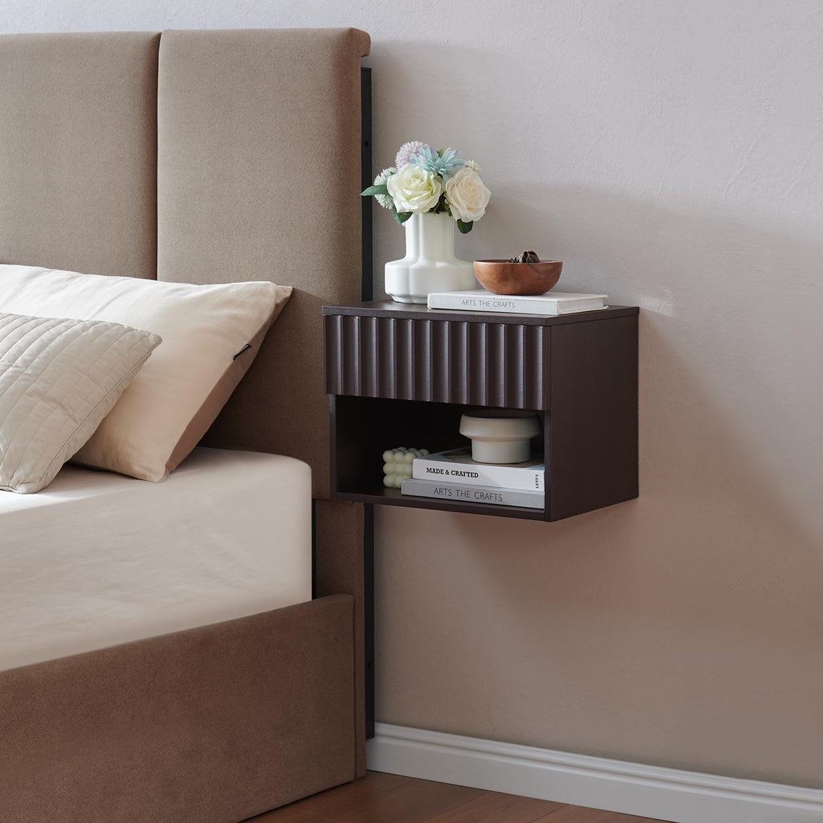BuildHom Floating Nightstand Set of 2 with Fluted Drawer, Bedside Table