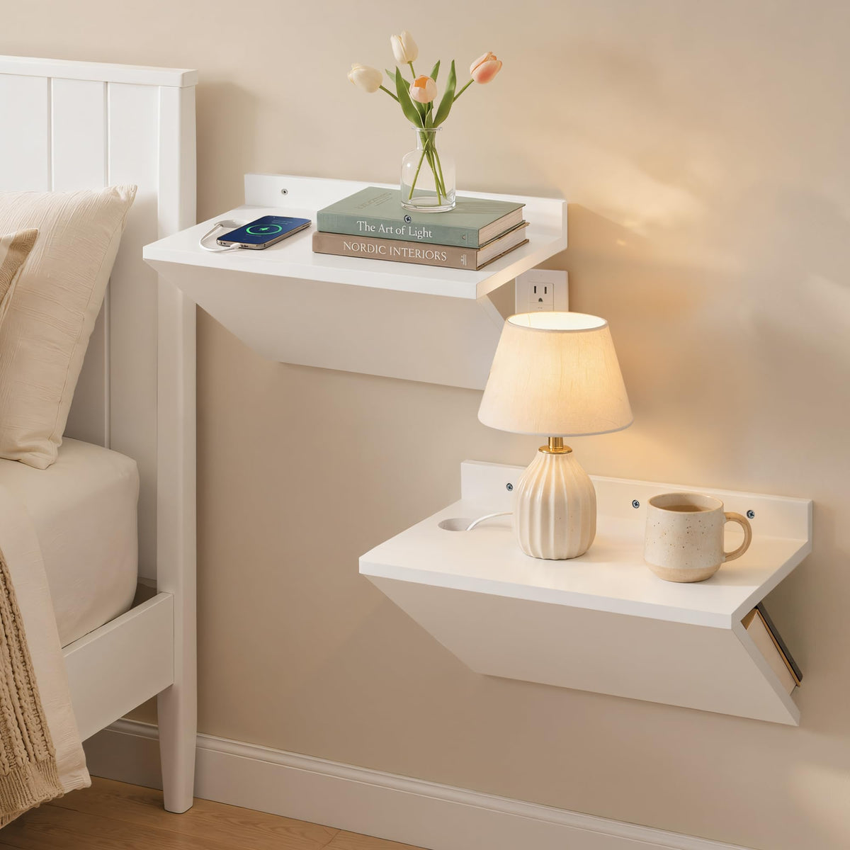 Floating Nightstand Set of 2 Walnut Bedside Table Wall Mounted Wood