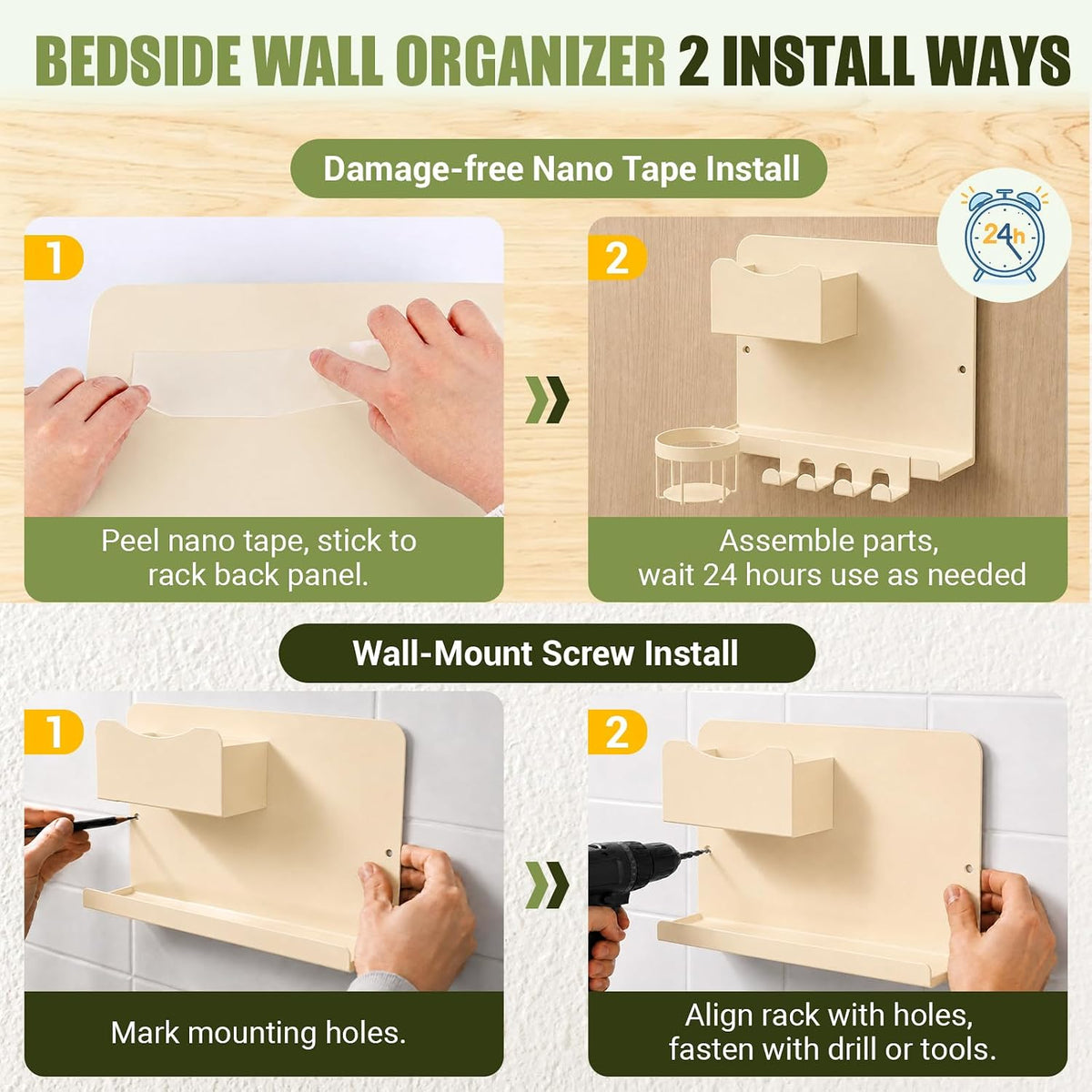 Floating Bedside Wall Shelf, Metal Wall Organizer with Detachable Cup Holde