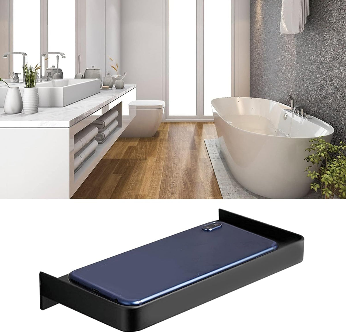 Floating Wall Shelves, Wall Mounted Tray Bathroom Wall Shelf Bathroom Phone Shelf Toilet Mobile Phone Holder Stainless Steel Bathroom Tray Wall Mounted 185x90mm (Black)