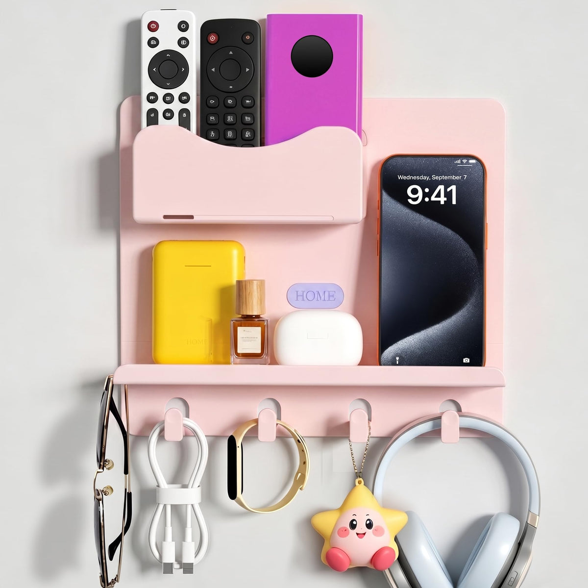 Bedside Shelf Wall Mount, Adhesive Bedside Shelf Accessories Organizer with Hooks and Cable Clips,Dorm Bedside Wall Storage for Phone, Remote, Earphone,Plastic (White)