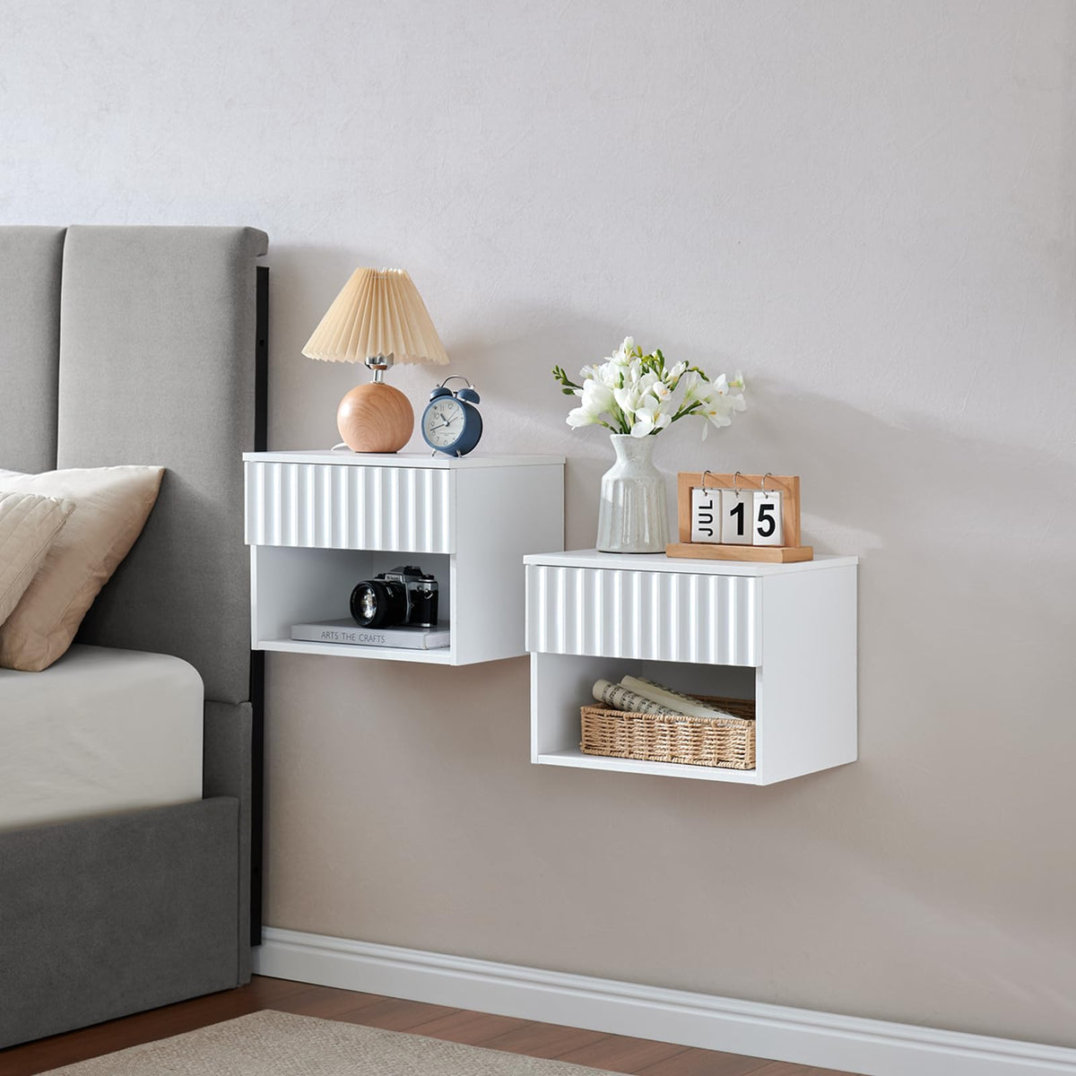 BuildHom Floating Nightstand Set of 2 with Fluted Drawer, Bedside Table