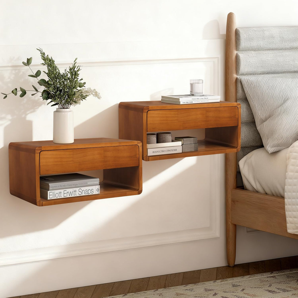 Floating Nightstand Wall Mounted Bedside Shelf Handmade Bedroom Furniture,Pine Wood Floating Bedside Table, Minimalist and Unique Style 17.5”x 9.5”x 8” Brown