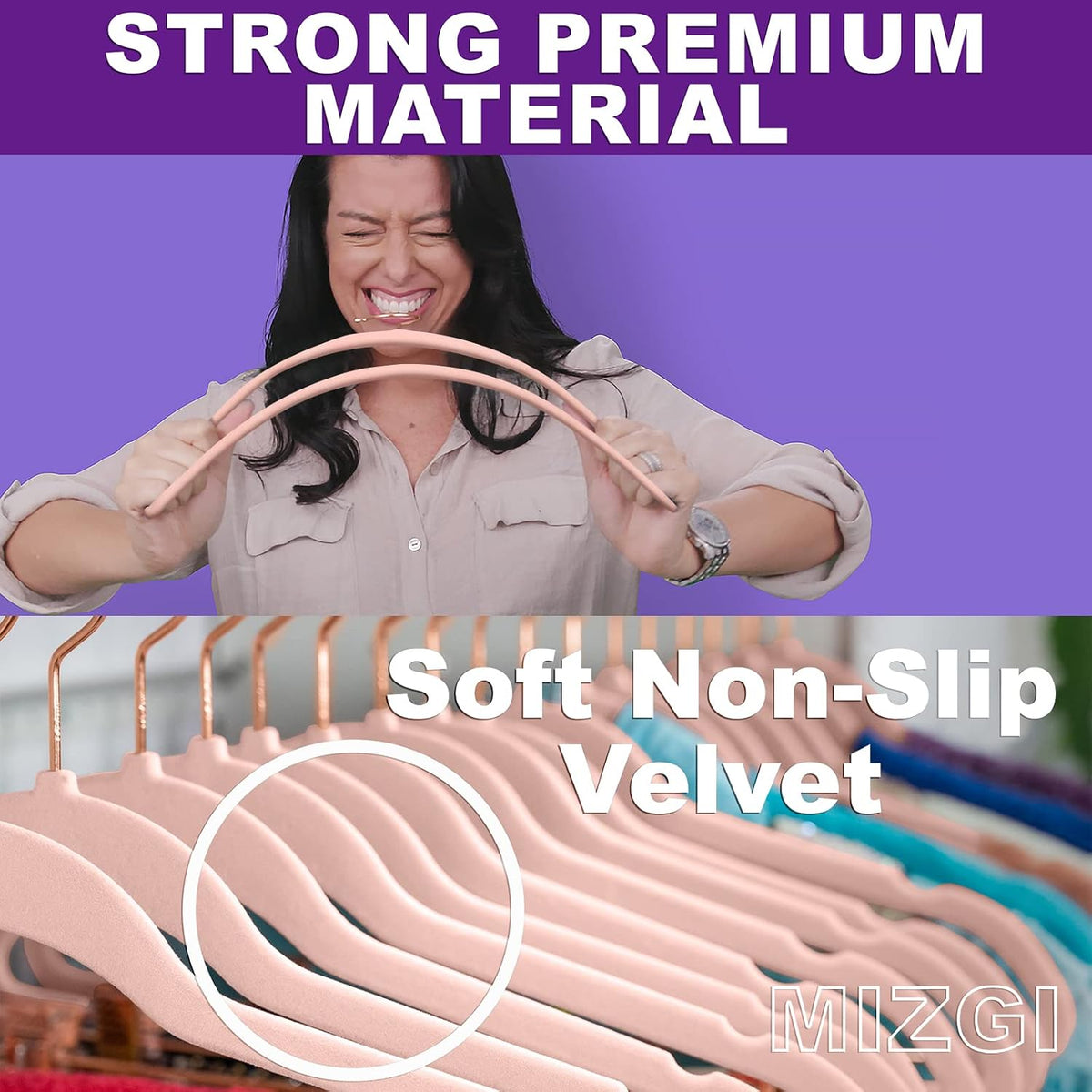 MIZGI Velvet Hangers 50 Pack Non Slip Heavy Duty Blush Pink Rose Gold Hooks