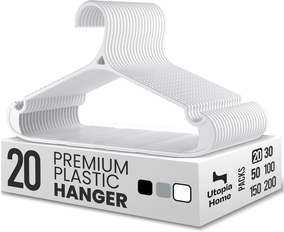 Utopia Home Plastic Hangers 20 Pack – Non-Slip with Pants Bar White