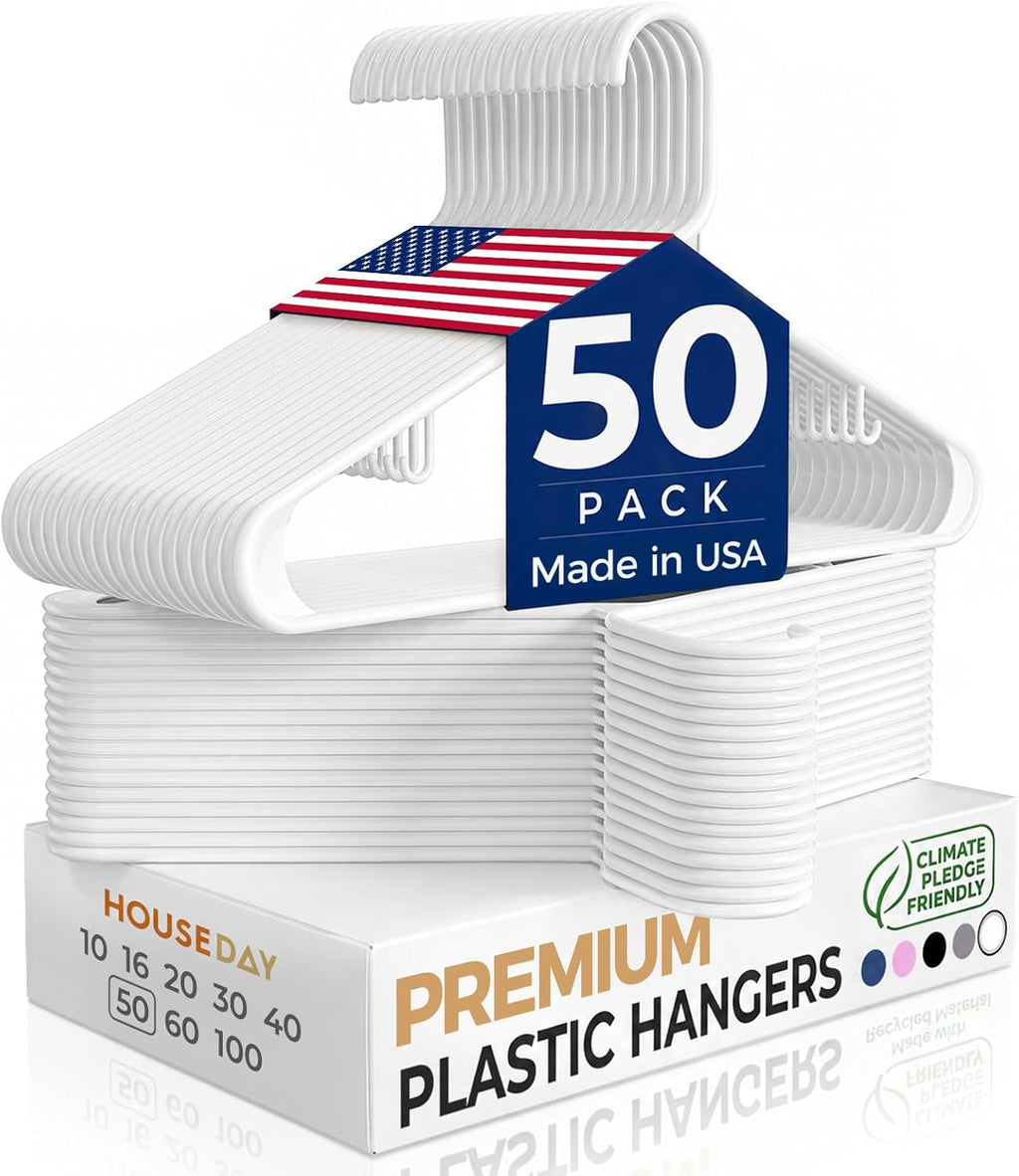 HOUSE DAY White Plastic Hangers 50 Pack, Slim Space-Saving Clothes Hangers