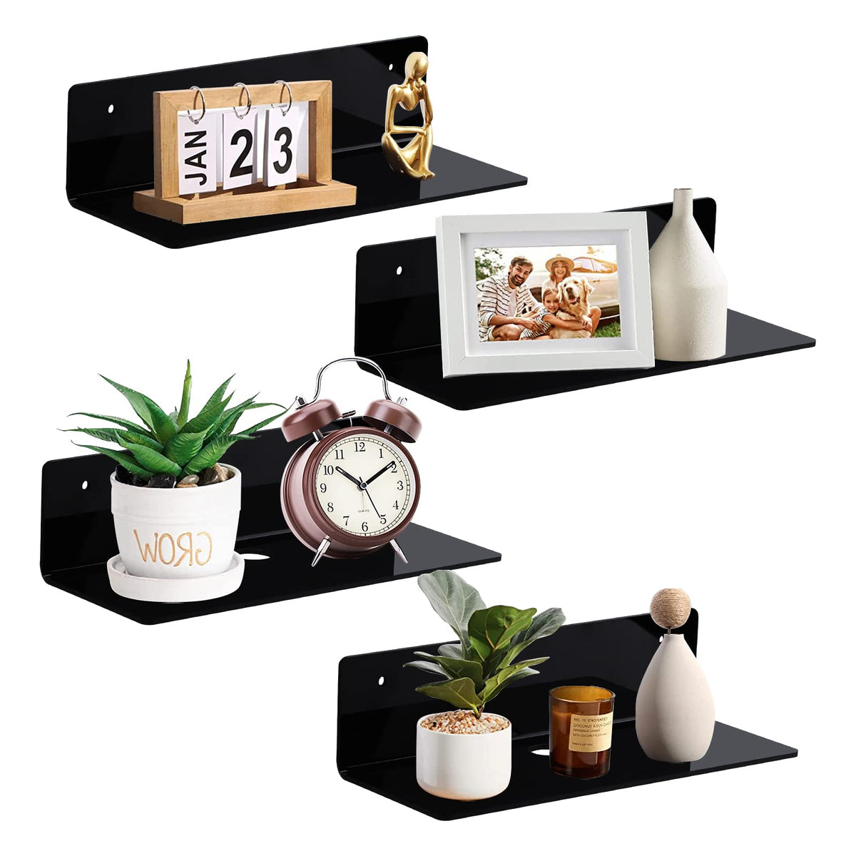 9 Inch Clear Acrylic Floating Shelf, No Drill Adhesive Wall Shelf Set of 2 for Storage, Floating Shelves Damage-Free Expand Wall Space for Living Room, Office, Gaming Room, Bathroom