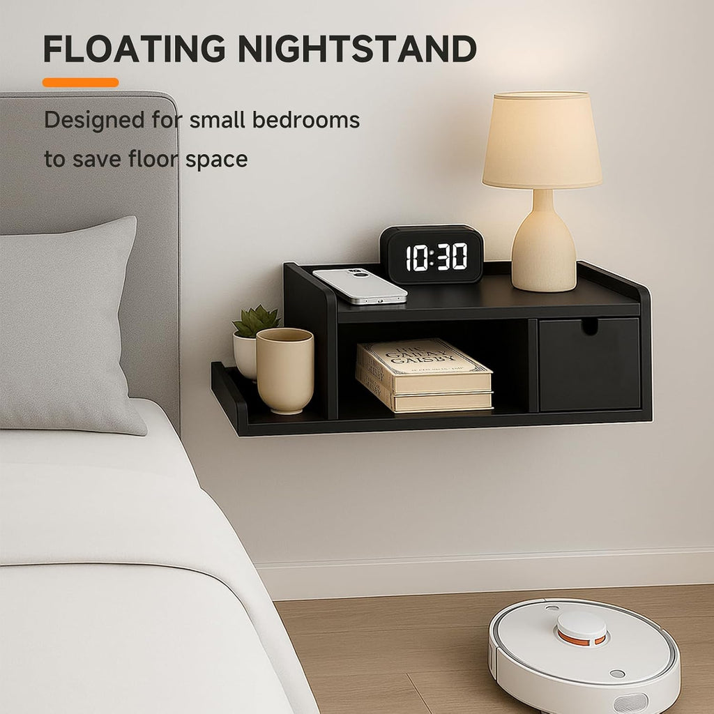 Floating Nightstand with Drawer & Open Shelf, Wall Mount, Black