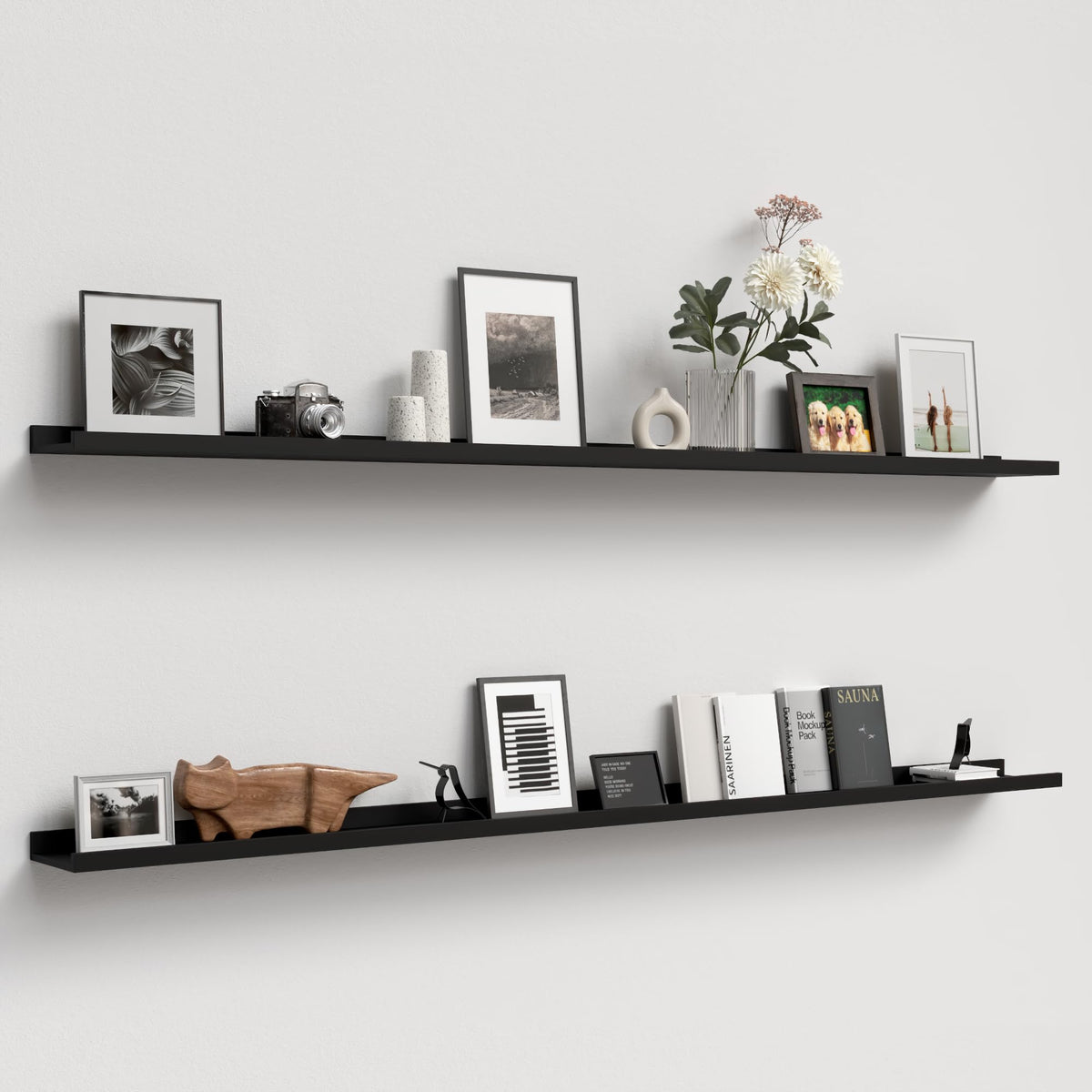 Boswillon Floating Shelves Set of 2, Small Wall Shelf with Lip, 16in, Black