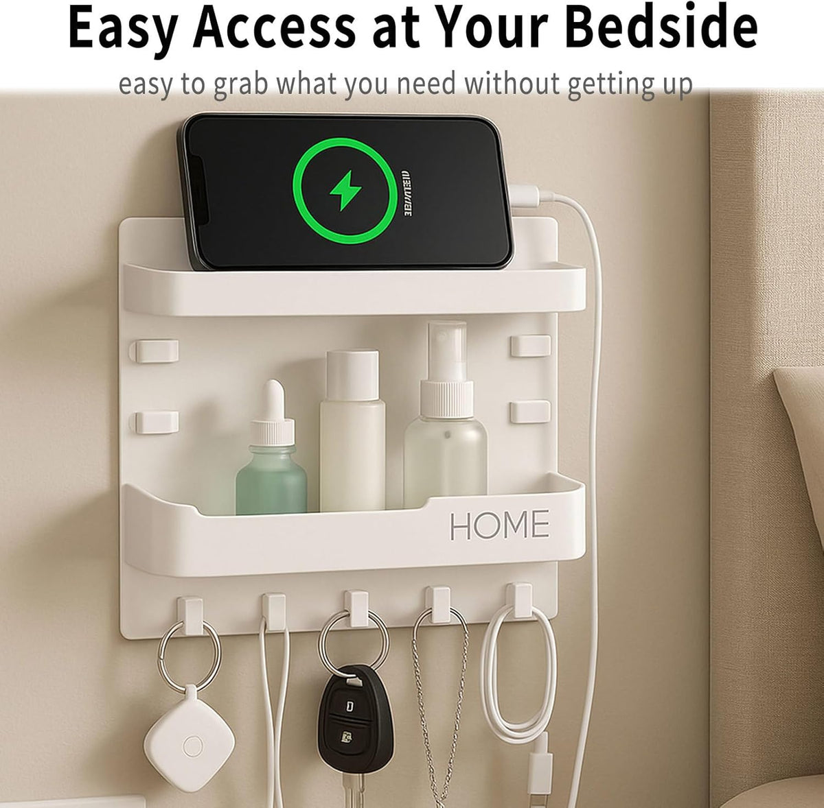 Adhesive Bedside Wall Shelf Organizer with 5 Hooks and Cable Clips, Plastic Wall Storage Holder for Phone, Remote Control, Earphone, Kindle, Keys – Bedroom, Dorm, RV (Black)