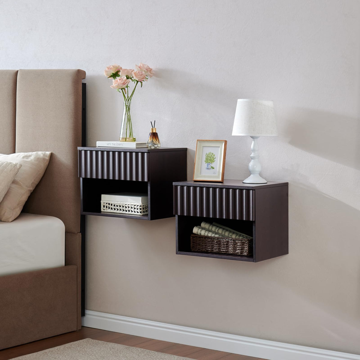 BuildHom Floating Nightstand Set of 2 with Fluted Drawer, Bedside Table