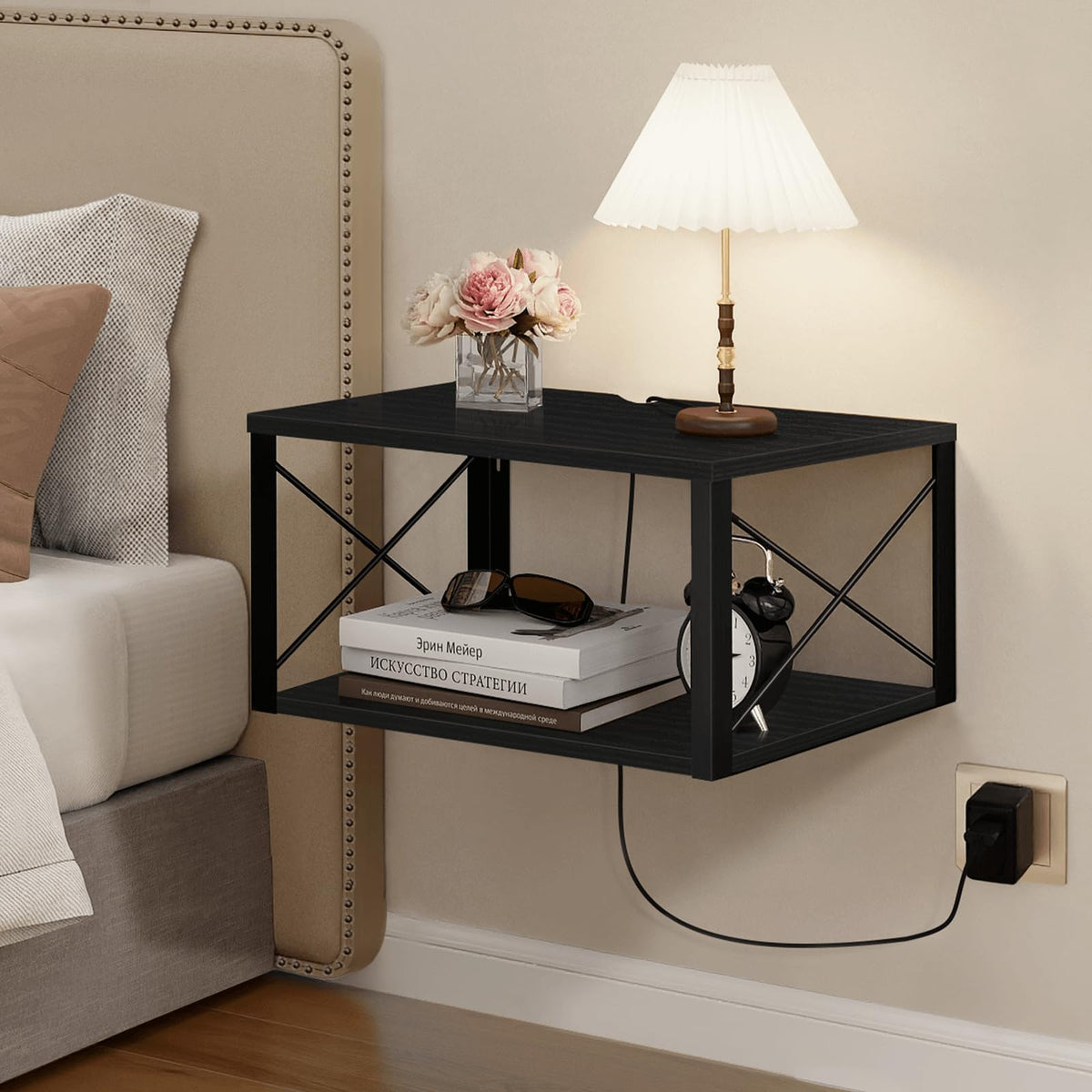 Homode Floating Nightstand, Wood Floating Bedside Table with Cable Hole