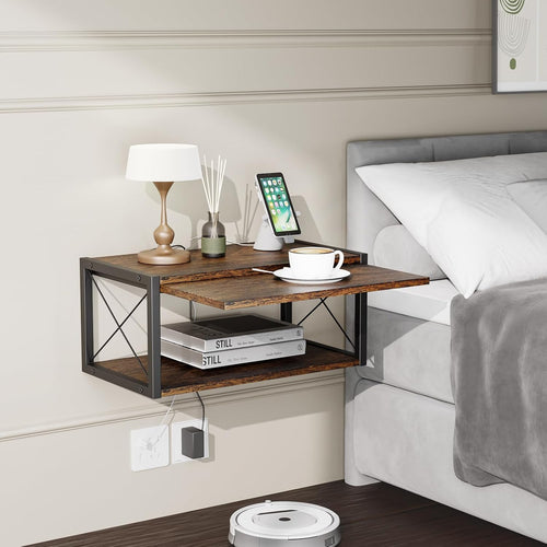 2-Tier Floating Nightstand, Wall Mounted Bedside Table, Wood Bedside Shelf Wall Mounted Nightstand, Floating Bedside Table Wall Shelf for Bedroom, Living Room, Kitchen, Office, Rustic Brown