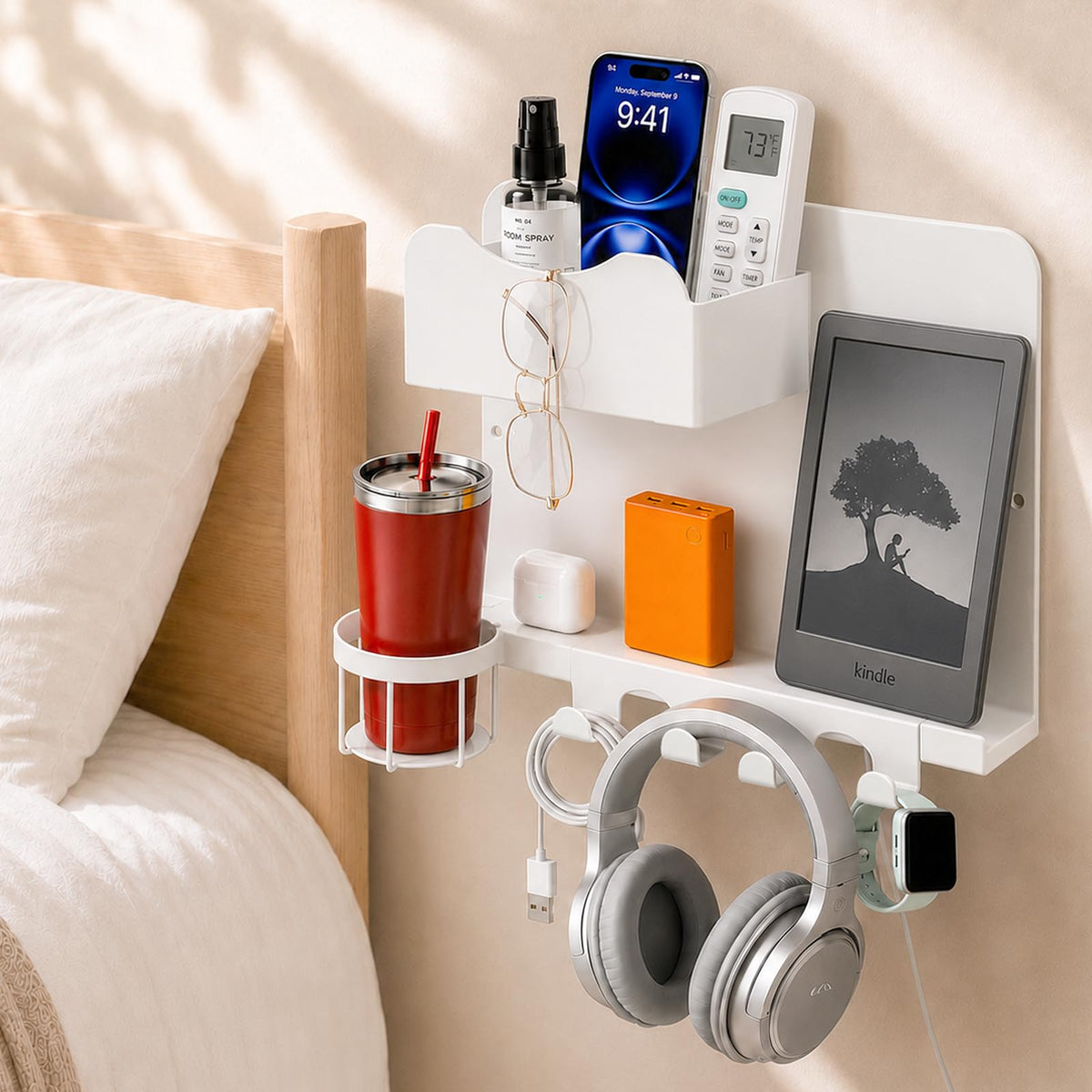 Metal Bedside Wall Shelf, No Drill Floating Bedside Shelf Wall Organizer