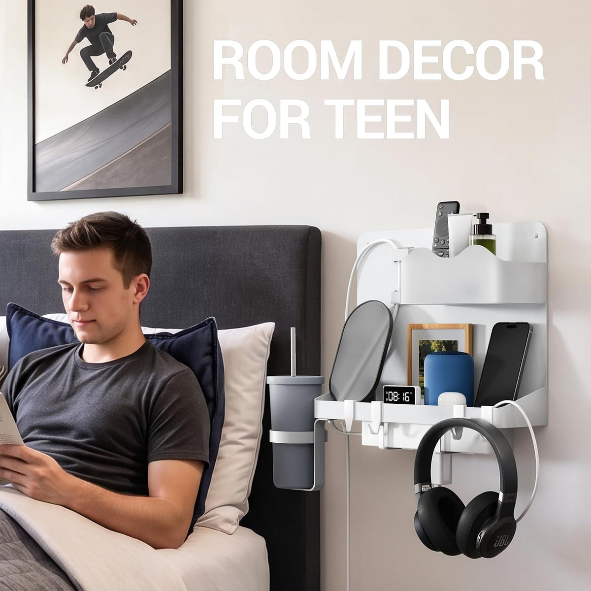 Bedside Shelf, Dorm Room Essentials Metal Floating Shelves (White)