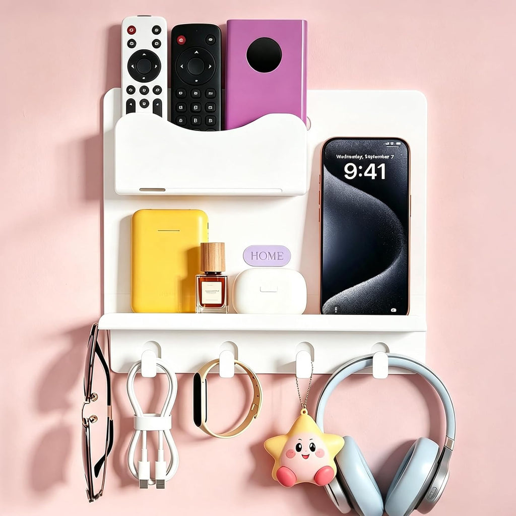 Bedside Shelf Wall Mount, Adhesive Bedside Shelf Accessories Organizer with Hooks and Cable Clips,Dorm Bedside Wall Storage for Phone, Remote, Earphone,Plastic (White)