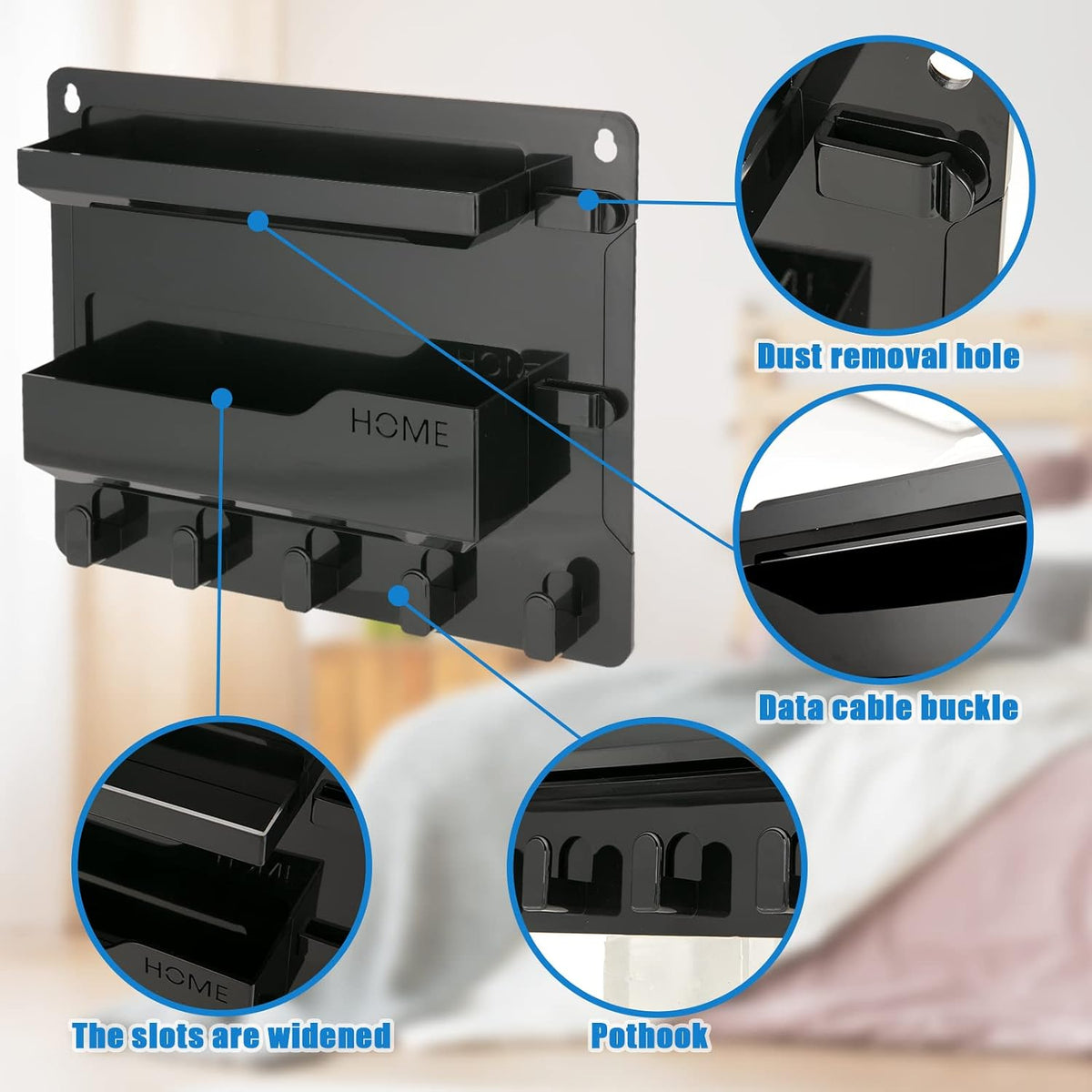 YONGAIJIA Bedside Shelf Wall Mount with Hooks, Cable Clips, No-Drill, Black