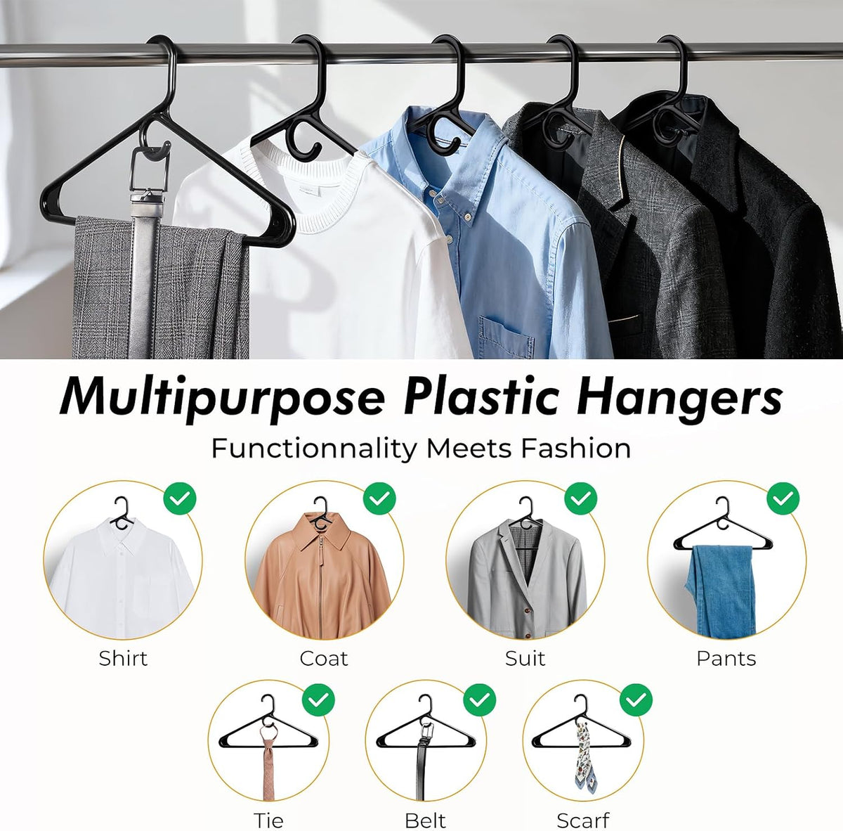 HOUSE DAY Heavy Duty Plastic Hangers 24 Pack - Thick Black Clothes Hangers