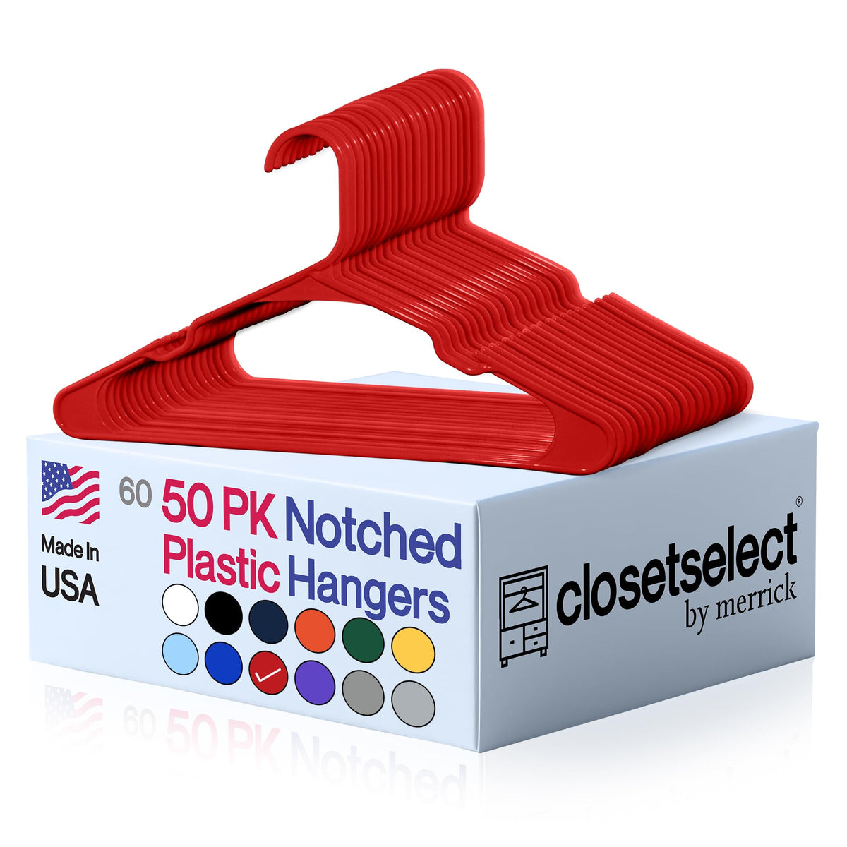 Closetselect Plastic Hangers 50 Pack, Strong Space Saving Notch Hanger, Made in USA, Perfect Shirt or Coat Plastic Hanger, with Shoulder Grooves, White, Notched