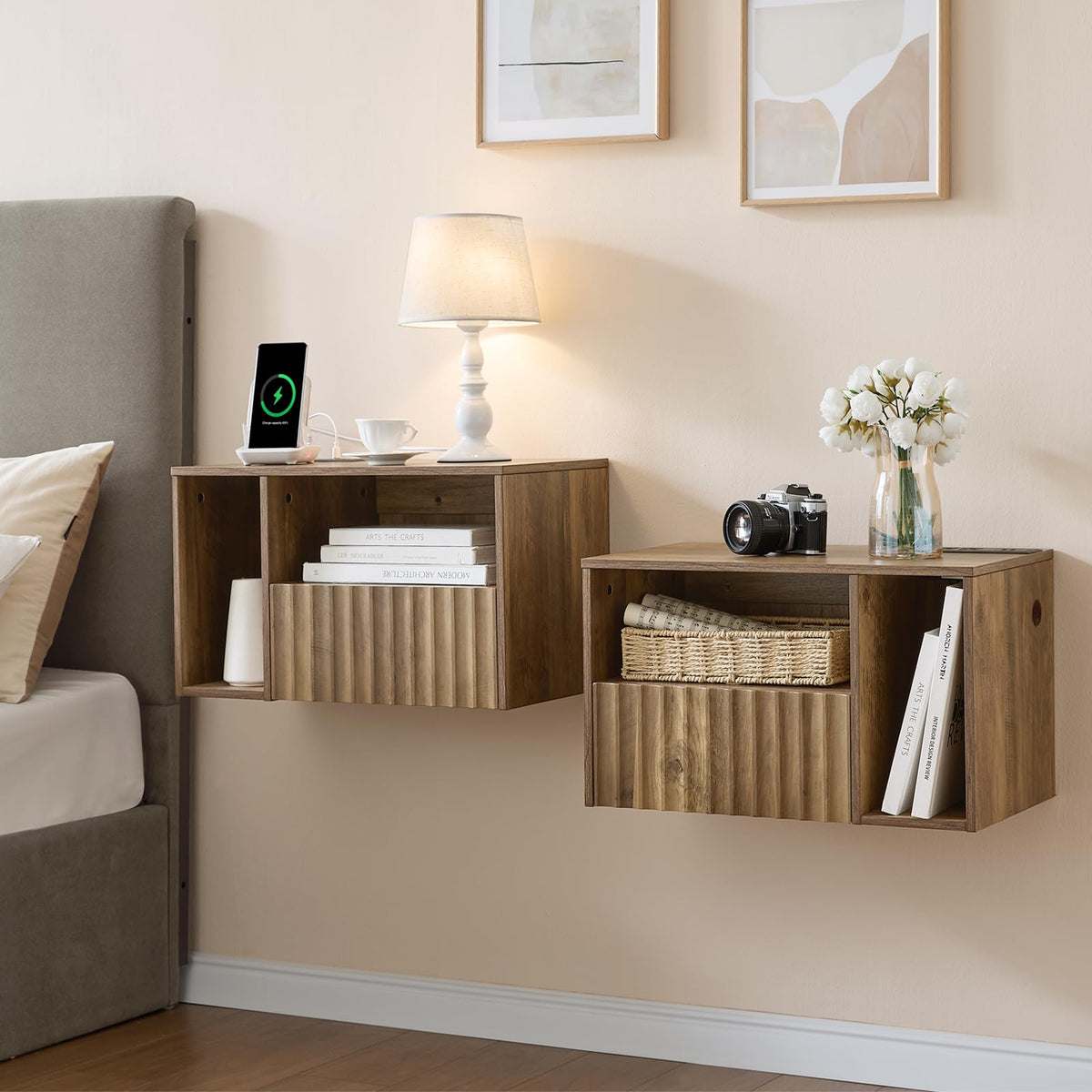 BuildHom Floating Nightstand Set of 2 with Fluted Drawer, Bedside Table