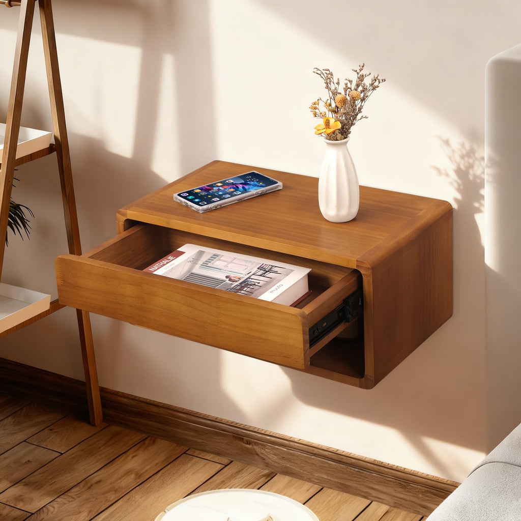 Floating Nightstand Wall Mounted Bedside Shelf Handmade Bedroom Furniture,Pine Wood Floating Bedside Table, Minimalist and Unique Style 17.5”x 9.5”x 8” Brown