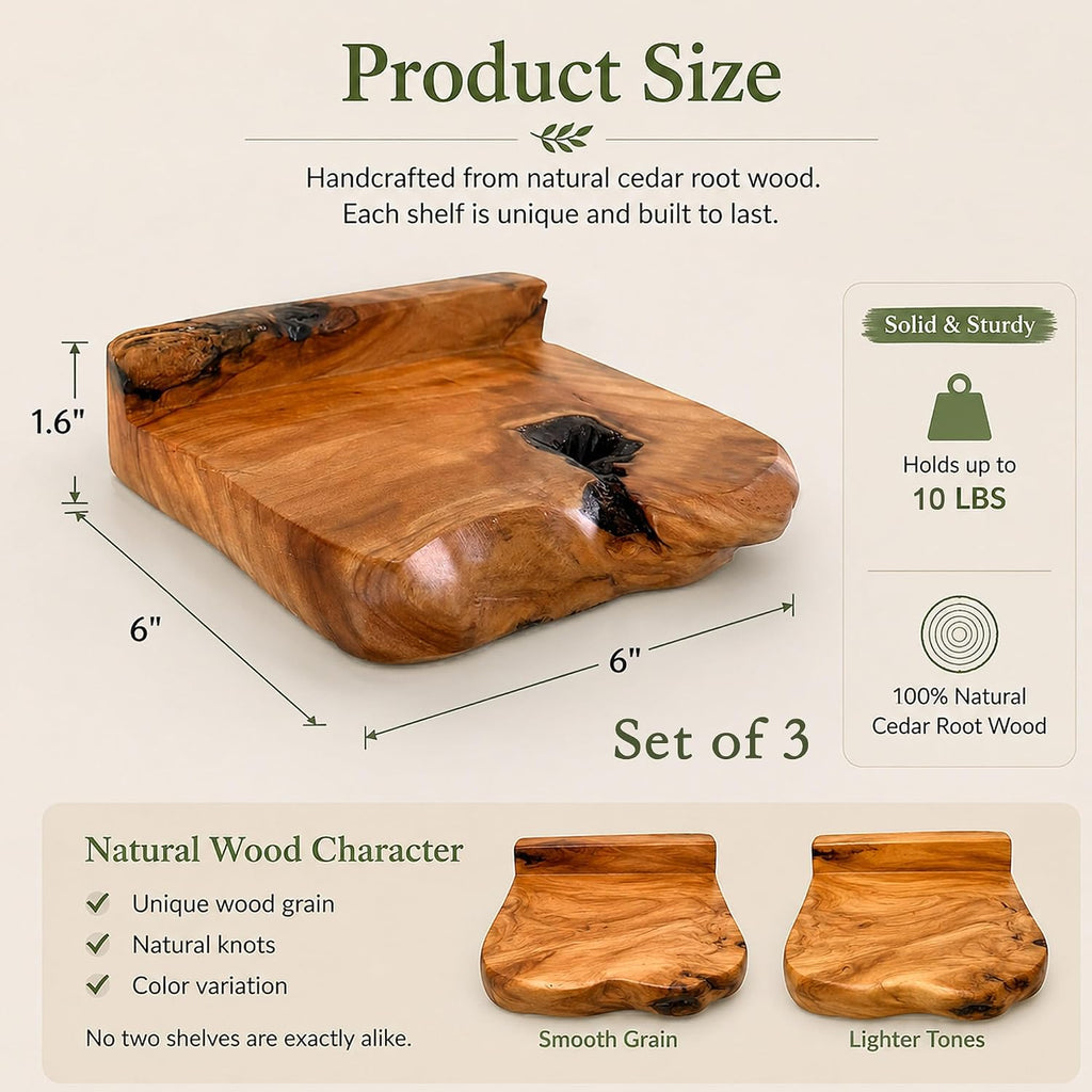 Small Floating Shelf for Wall Set of 3 Natural Cedar Wood 6 Inch Mini Wall Shelves Decor Plant Display Collectibles Mounted Kitchen Bathroom Bedroom Corner Decorative Storage Tiny Stand