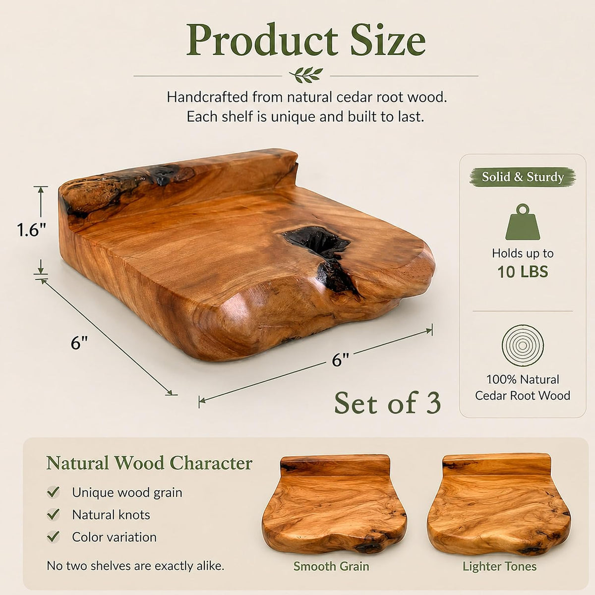 Small Floating Shelf for Wall Set of 3 Natural Cedar Wood 6 Inch Mini Wall Shelves Decor Plant Display Collectibles Mounted Kitchen Bathroom Bedroom Corner Decorative Storage Tiny Stand
