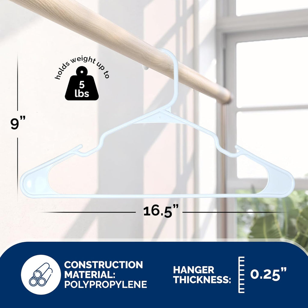 Closetselect Plastic Hangers 50 Pack, Strong Space Saving Notch Hanger, Made in USA, Perfect Shirt or Coat Plastic Hanger, with Shoulder Grooves, White, Notched