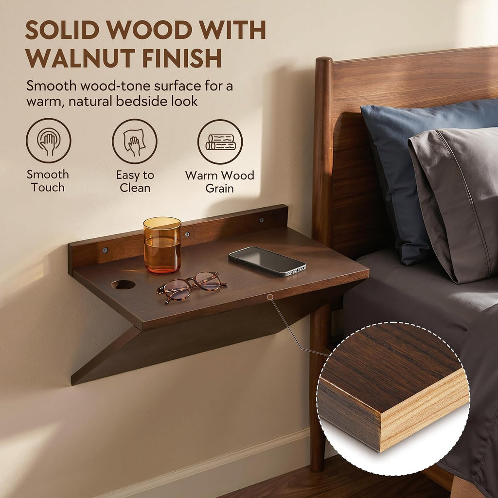 Floating Nightstand Set of 2 Walnut Bedside Table Wall Mounted Wood