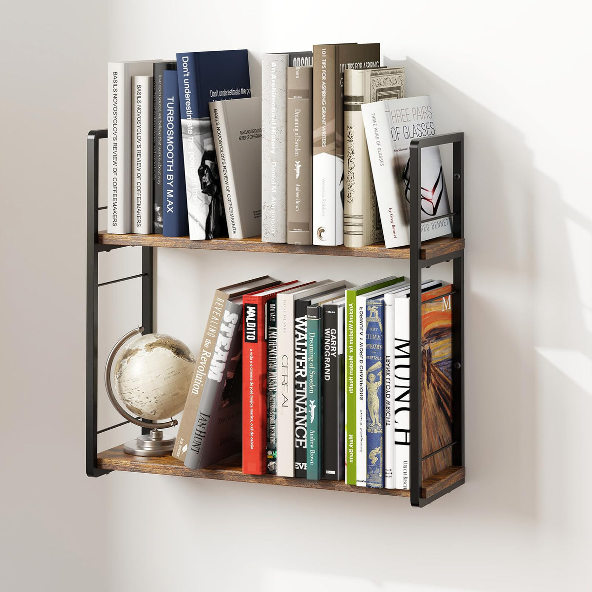 Floating Book Shelves for Wall, 2-Layer Wall Bookshelf for Book Storage, Space Saver, 16in Stud Hanging Shelf, Bedside Shelf for Living Room Bedroom Office, Dark Brown