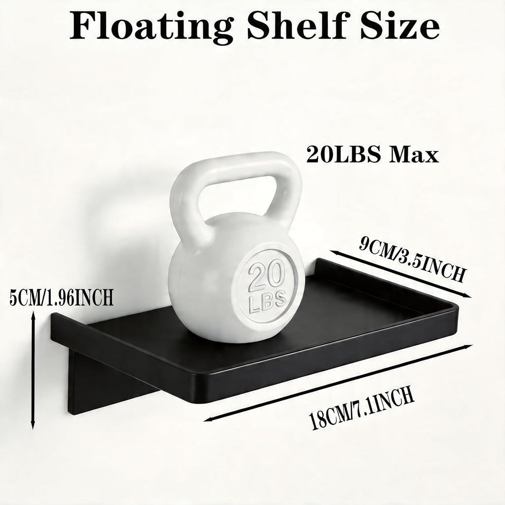 7.1x3.75in Small Floating Shelves for Wall for Cell Phone, Stainless Steel Bathroom Floating Shelf Wall Mount/Stick Mount for Kitchen Bedroom Office Storage Phone (Black, 1 Pack)