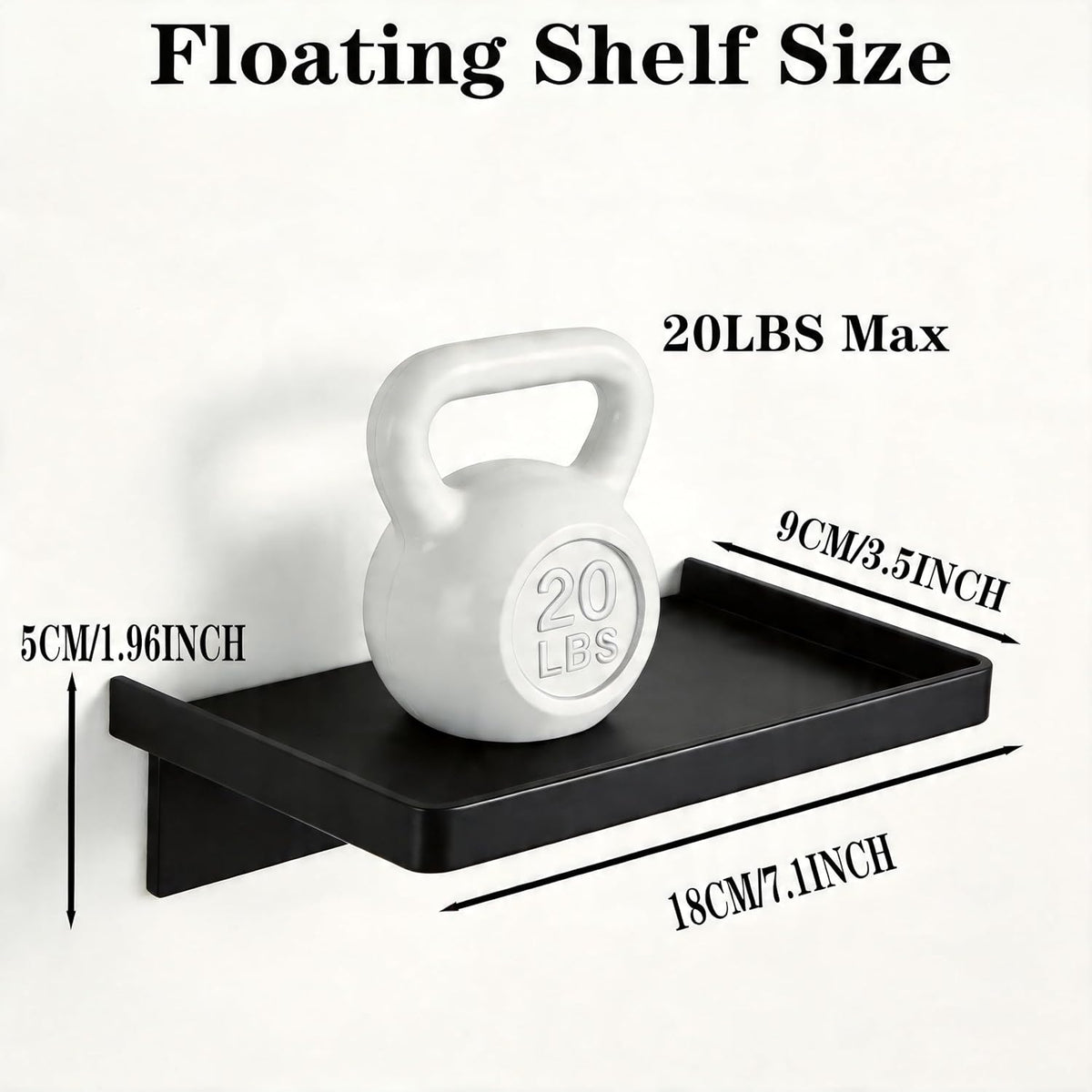 7.1x3.75in Small Floating Shelves for Wall for Cell Phone, Stainless Steel Bathroom Floating Shelf Wall Mount/Stick Mount for Kitchen Bedroom Office Storage Phone (Black, 1 Pack)