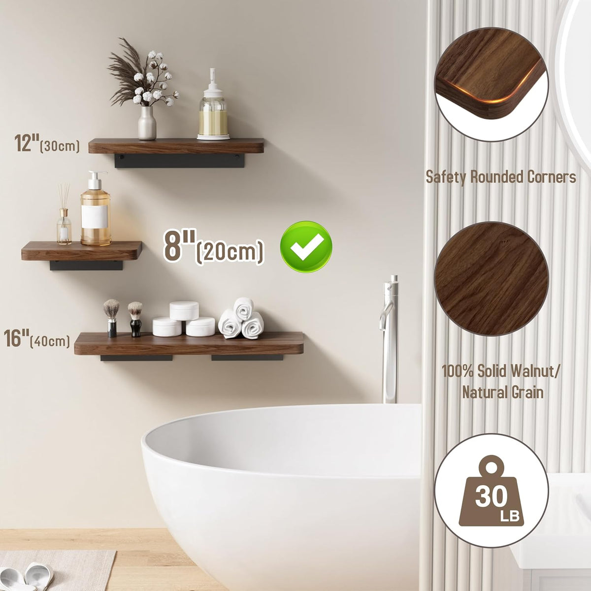 Danpoo Solid Walnut Floating Shelf, 8 inch Small Natural Wood Wall Mounted Shelf for Bathroom, Kitchen, Bedroom, Living Room, Farmhouse Decor