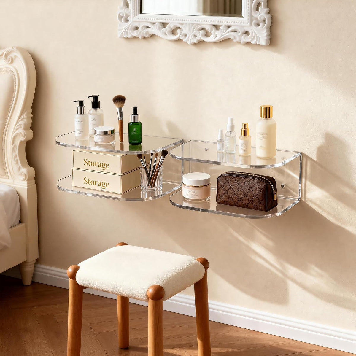 Acrylic Floating Nightstand, Wall Mounted Bedside Table Shelf (Clear, 15.7”×9.4“×5.9”)