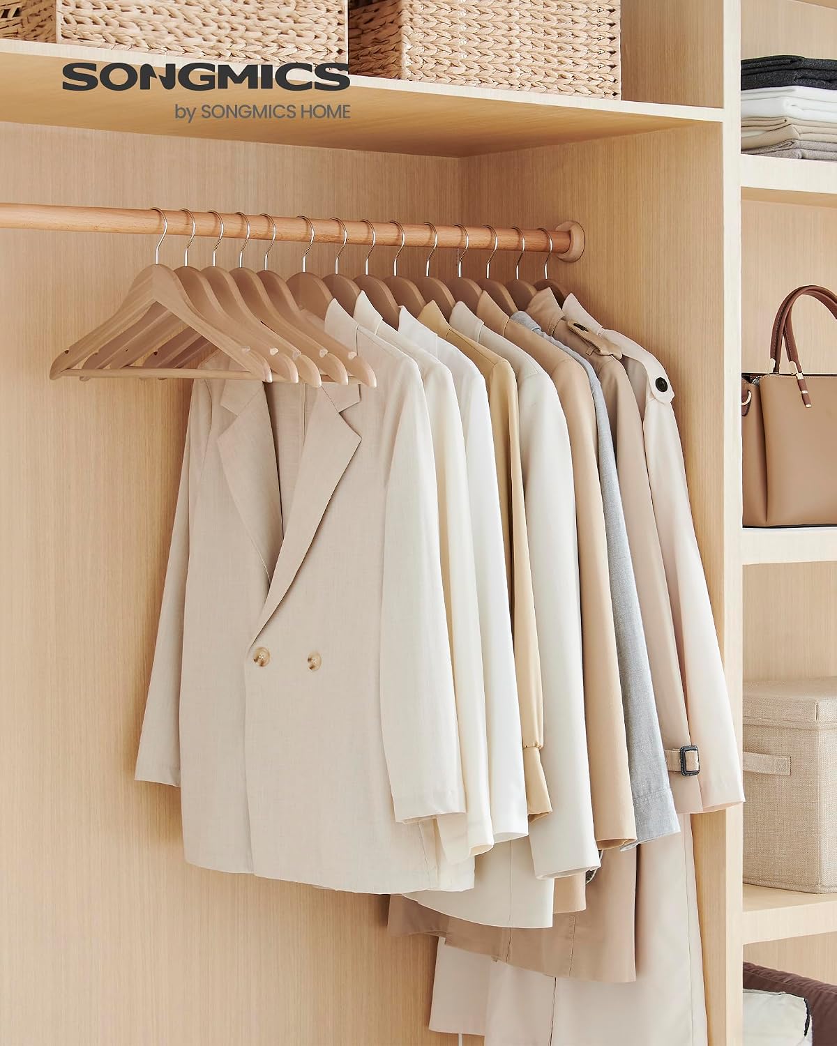 SONGMICS Wooden Hangers, Pack of 24, Maple Wood Clothes Hangers