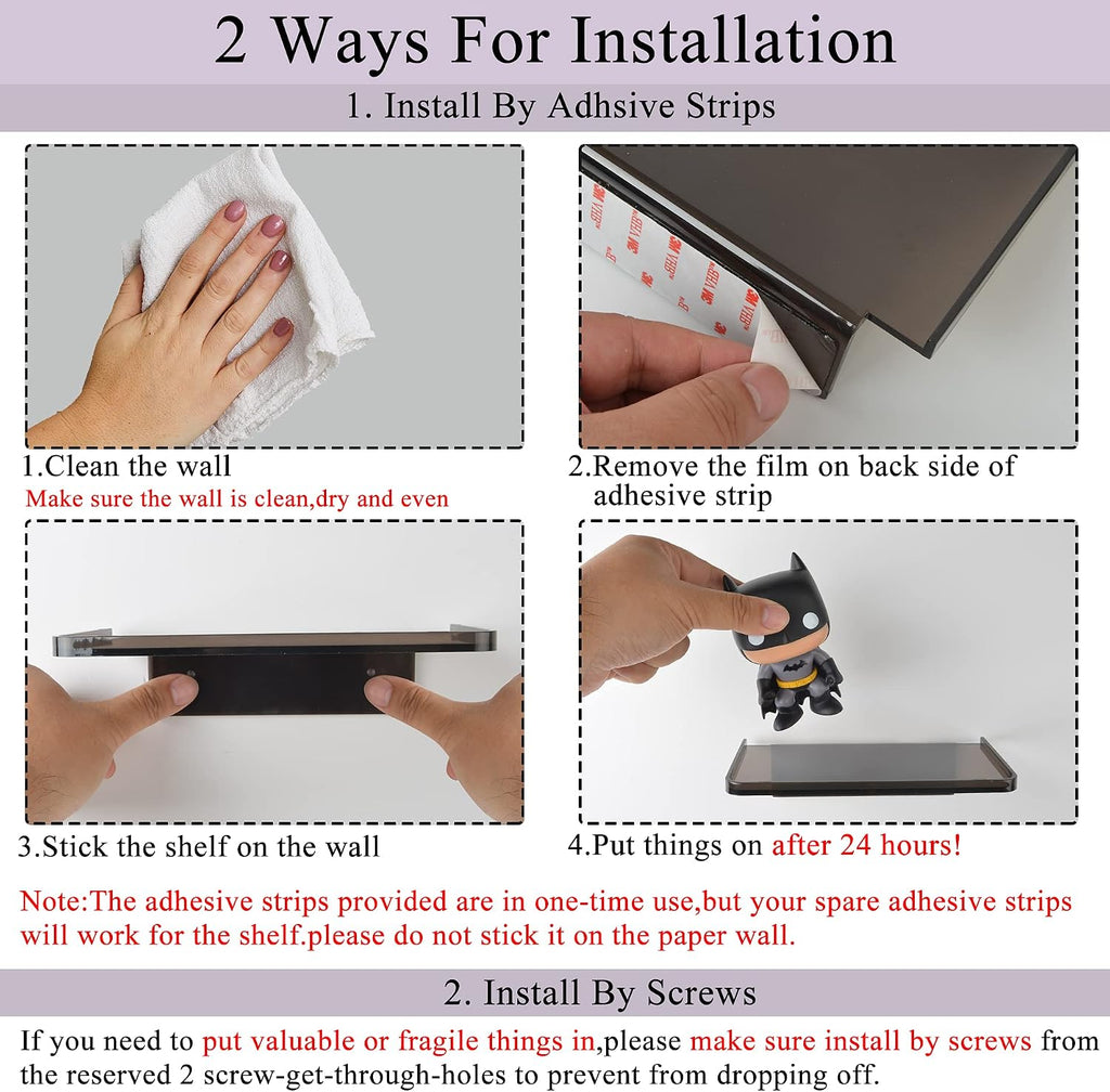 Stick-on Wall Shelf - Small Wall Mounted Adhesive Clear Acrylic Shelf Phone Holder Shelves Wipes Rack for Bathroom,Kitchen,Toilet,Office - Silver (A Set of Screws Included)