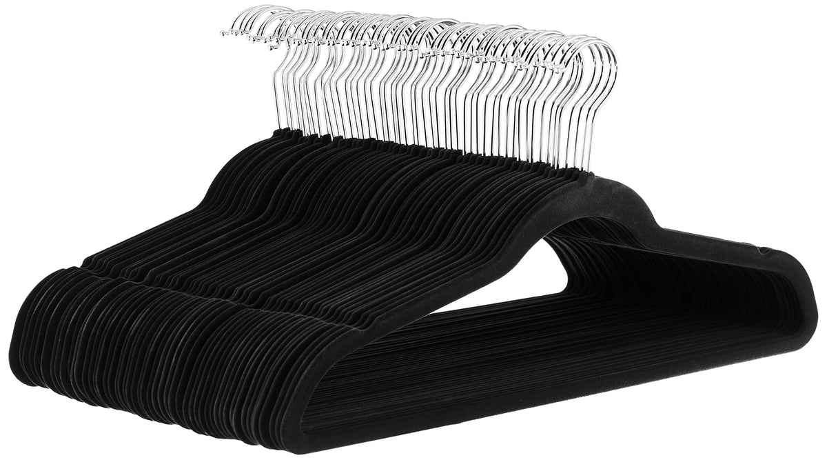 Amazon Basics Slim Velvet Non-Slip Space Saving Suit Clothes Hangers with Shoulder Notches for Closet Organization, Ivory/Silver, 50-Pack