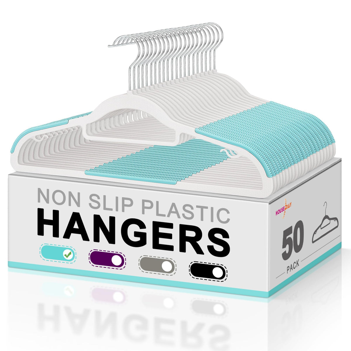 HOUSE DAY Plastic Hangers 50 Pack, Grey Plastic Clothes Hangers Non Slip with Rubber Grip, Heavy Duty Hanger with 360° Swivel Metal Hook, Ultra Thin Hangers Space Saving for Closet Organizer