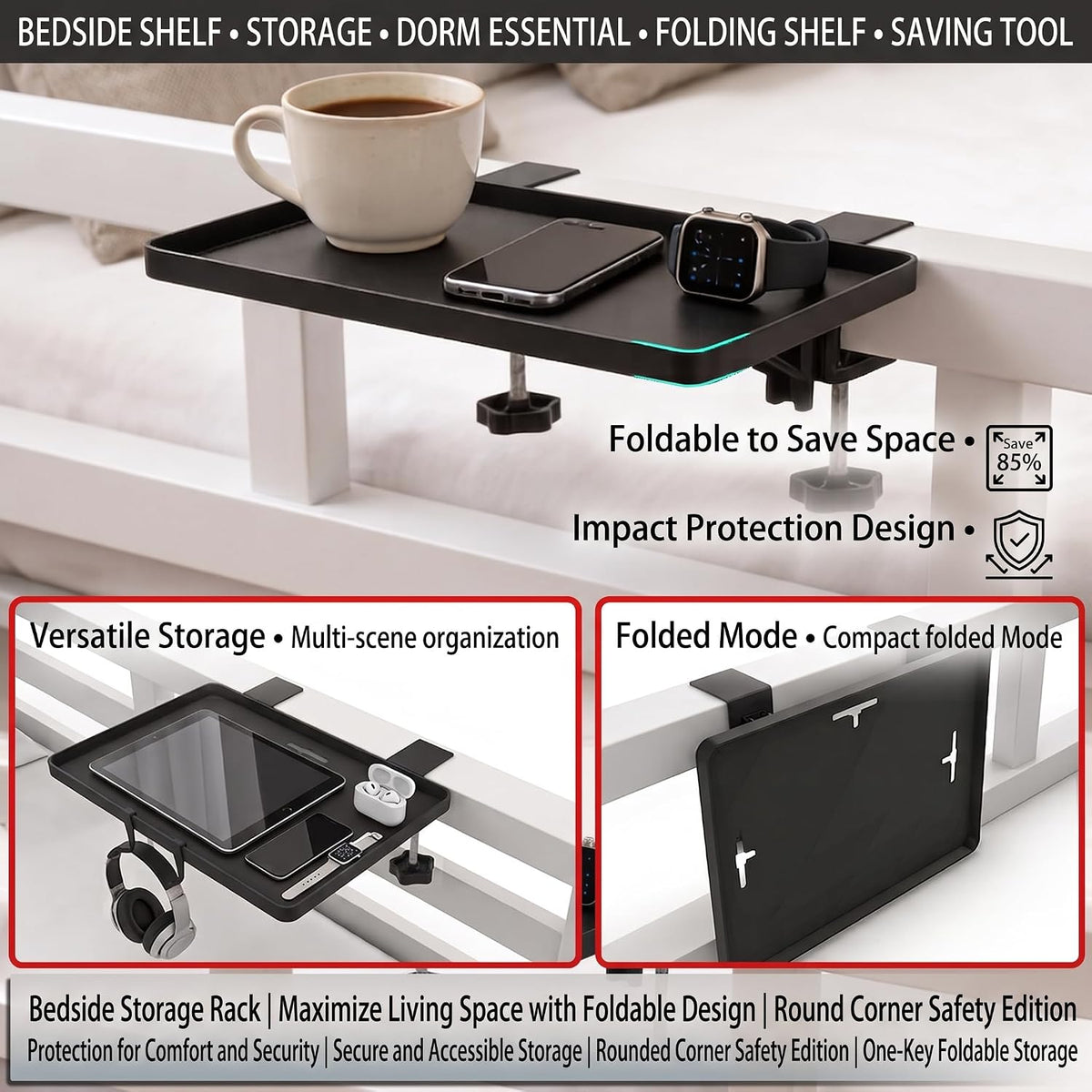 Foldable Bedside Shelf, Clamp-On Floating Tray for Bunk & Standard Beds