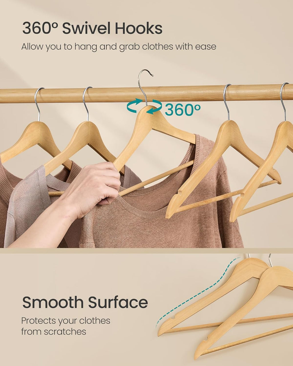 SONGMICS Wooden Hangers, 30 Pack, Basic Wood Clothes Hangers, Space Saving
