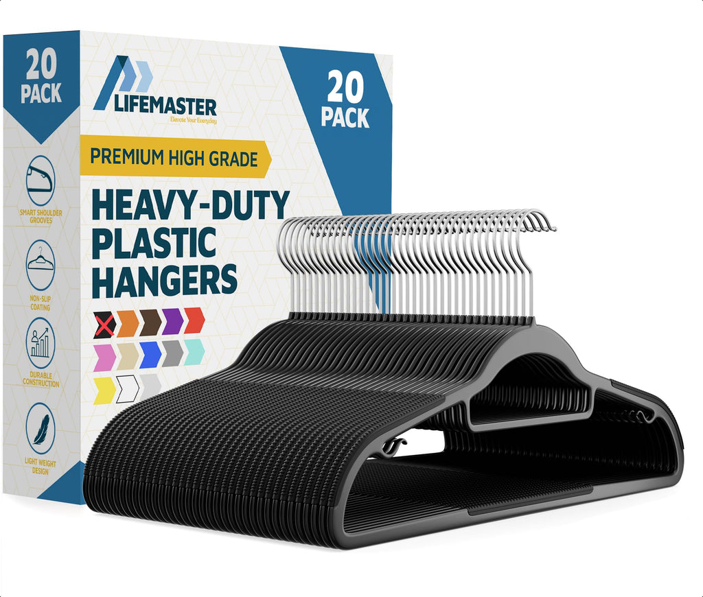 Lifemaster Plastic Clothes Hanger Set - 20 Pieces Versatile, Lightweight, Space-Saving, Non-Slip, Slim Designed, Dry and Wet Clothes Hanger Set with 360° Swivel Hook and Rubber Coating - Gray