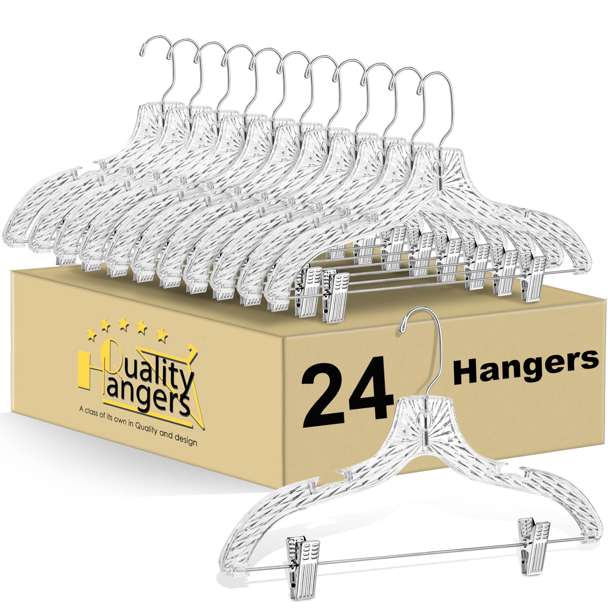 Quality Clear Plastic Hangers 24 Pack - Crystal Cut for Shirts, Suits, Coats, Dresses Hangers, Heavy Duty & Nonslip Design with Swivel Hook, 17 inches